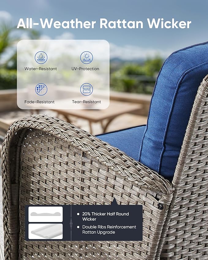 5 Pieces Outdoor Wicker Patio Furniture Set-High Back Outdoor Rocking Chairs Set of 2 with Ottoman Patio Conversation Sets for Deck Lawn Porch Balcony Poolside-Grey/Blue