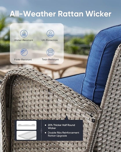 5 Pieces Outdoor Wicker Patio Furniture Set-High Back Outdoor Rocking Chairs Set of 2 with Ottoman Patio Conversation Sets for Deck Lawn Porch Balcony Poolside-Grey/Blue