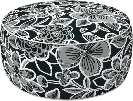 LVTXIII Indoor/Outdoor Inflatable Ottoman with Handle D21 x H9 Inch, Weather-Resistant Round Footstool Pouf for Patio Camping Living Room, Portable Footrest Extra Seating, Flower Black