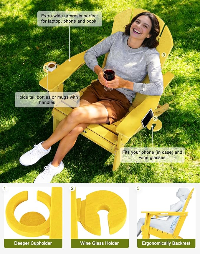 Folding Adirondack Chair with Dual Cup Holders, All-Weather HDPE Patio Chair Deck Chairs Outdoor, Fire Pit Chairs for Garden, Lawn, Poolside, Backyard, Pool - Yellow (Wood-Look)