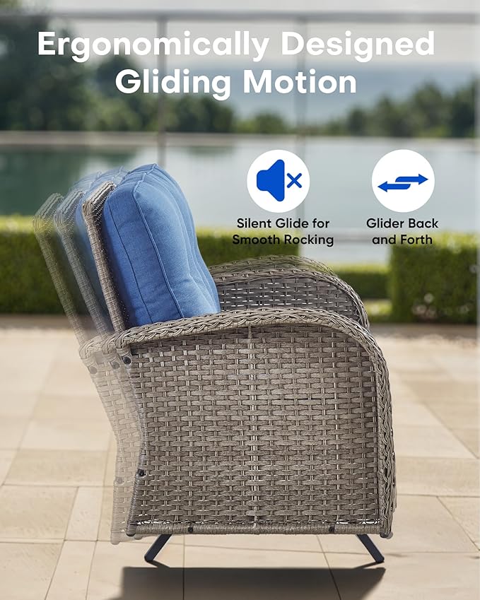 Outdoor Glider Bench-2 Seater Patio Glider Loveseat with High Back and Deep Seating Outdoor Couch for Deck Porch Garden Balcony Poolside-Grey/Blue