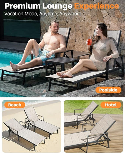 Outdoor Chaise Lounge Set of 2, Never-Rust Aluminum Patio Lounge Chairs with 3D Ultra-Thick Textilene, 6-Position Adjustable Backrest Pool Loungers for Sunbathing, Poolside, Beach, Lawn