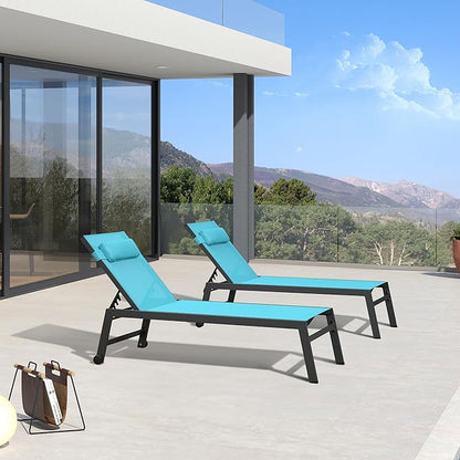 PURPLE LEAF Outdoor Oversized Lounge Chair Set Patio Chaise Pool Lounger Aluminum Frame with 2 Side Table and Wheels for Outside Sunbathing Tanning Recliner Including Pillows Turquoise Blue