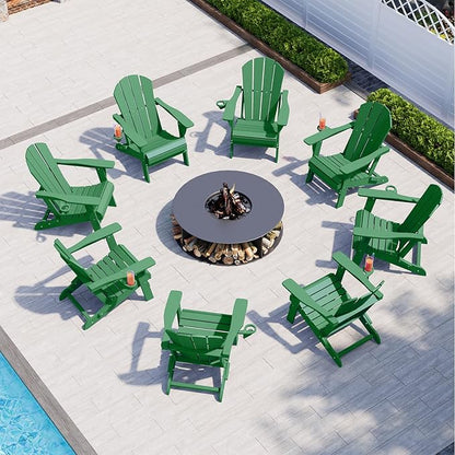 Folding Adirondack Chair with Cup Holders Set of 2, HDPE Plastic Outdoor Chairs, Weather Resistant, Real Wood Look for Patio, Deck, Fire Pit, Backyard, Leaf Green