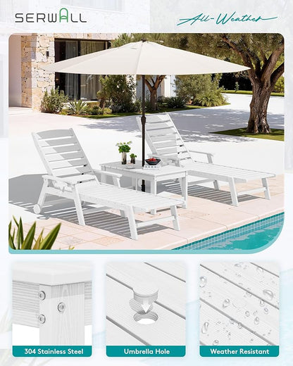 SERWALL Outdoor Coffee Table with 9FT Umbrella, HDPE Patio Coffee Table for Outside, Rectangle, White(Not Include Umbrella Base)