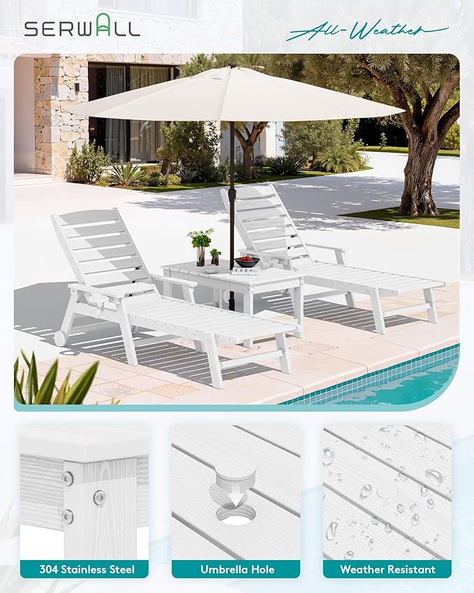 SERWALL Outdoor Coffee Table with 1.69" Umbrella Hole, HDPE Patio Coffee Table for Outside, Rectangle, White - Photo 5