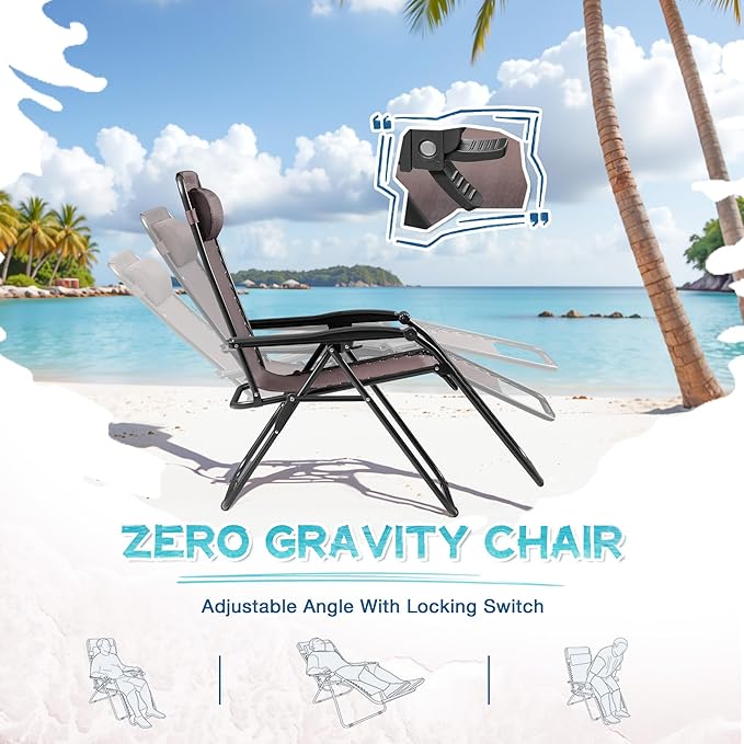 Greesum Zero Gravity Chairs Set of 2 Adjustable Steel Mesh Recliners Beach Deck Lawn Camping Patio Foldable Lounge Chair with Cup Holder Trays and Pillows,Brown