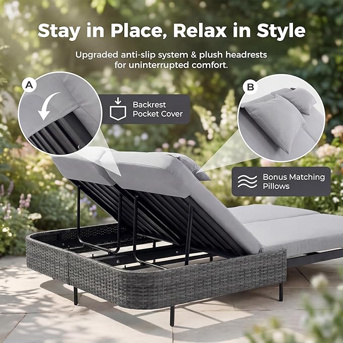 RADIATA 51.2" Outdoor Loveseat Sofa Bed, PE Wicker Patio Daybed with 2-Person Double Chaise Lounge - Photo 6