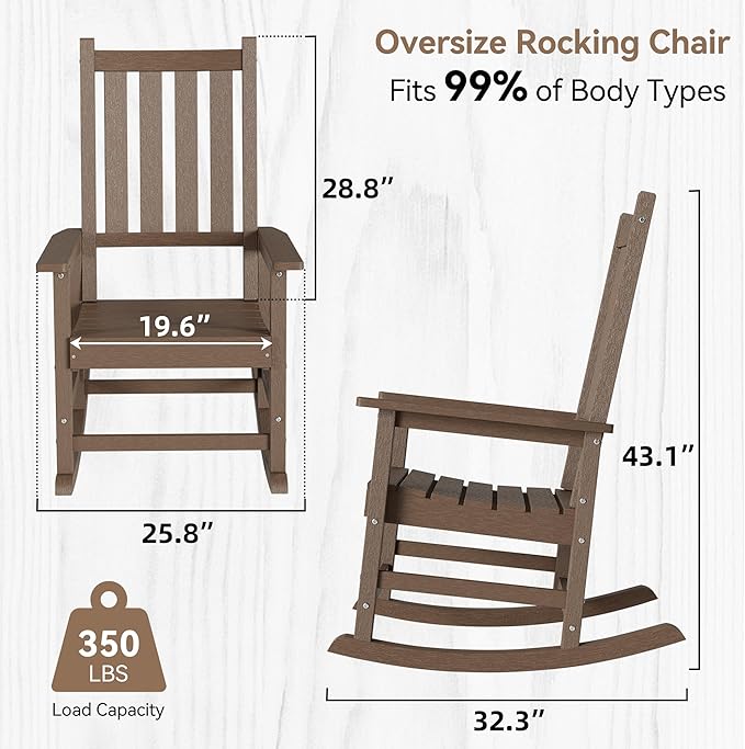 Outdoor Rocking Chair, HDPE Rocking Chairs with High Backs, Weather & Fade Resistant Porch Rockers for Patio, Deck & Porch - Brown