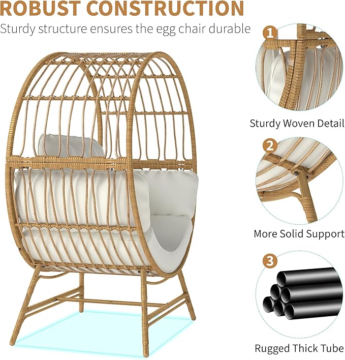 Fancyango Egg Chair Outdoor Indoor, Oversized Rattan Chair with Thicken Cushion, 350LBS Capacity Wicker Patio Lounge Chair, Basket Chair for Living Room Balcony Porch Backyard, Beige