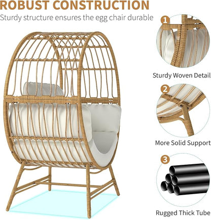 Fancyango Egg Chair Outdoor Indoor, Oversized Rattan Chair with Thicken Cushion, 350LBS Capacity Wicker Patio Lounge Chair, Basket Chair for Living Room Balcony Porch Backyard, Beige