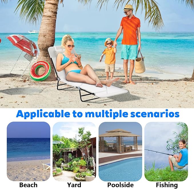Outdoor Tanning Chair with Pillow, Folding Chaise Lounge Chair with Adjustable Backrest, Portable Lay Flat Beach Lounge Chairs for Sunbathing Poolside Patio Lawn Camping(Cream White)