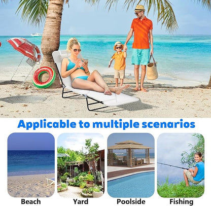 Outdoor Tanning Chair with Pillow, Folding Chaise Lounge Chair with Adjustable Backrest, Portable Lay Flat Beach Lounge Chairs for Sunbathing Poolside Patio Lawn Camping(Cream White)