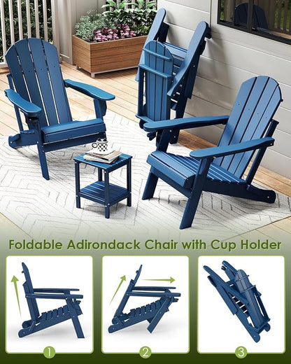 GREENVINES Folding-Adirondack-Chairs-Set-of-4 | HDPE Plastic | Fire Pit Chair | All Weather | Cup Holder | Blue | for Deck Backyard Patio Outdoor Garden