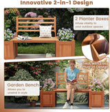 Outdoor Planter Box with Bench, Teak Oil Finish Wood Seat with 2 Open-Ended Base Garden Beds & Backrest - Photo 6