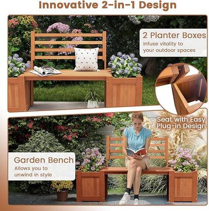 2 Pieces Outdoor Planter Box with Bench, Teak Oil Finish Wood Seat with 2 Open-Ended Base Garden Beds & Backrest, Decorative Plant Container for Yard, Balcony & Porch