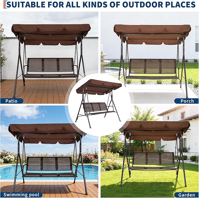 Porch Swing with Adjustable Canopy for Adults 3-Seat Outdoor Waterproof Textilene & Steel Frame Patio Swing Bench for - Photo 7