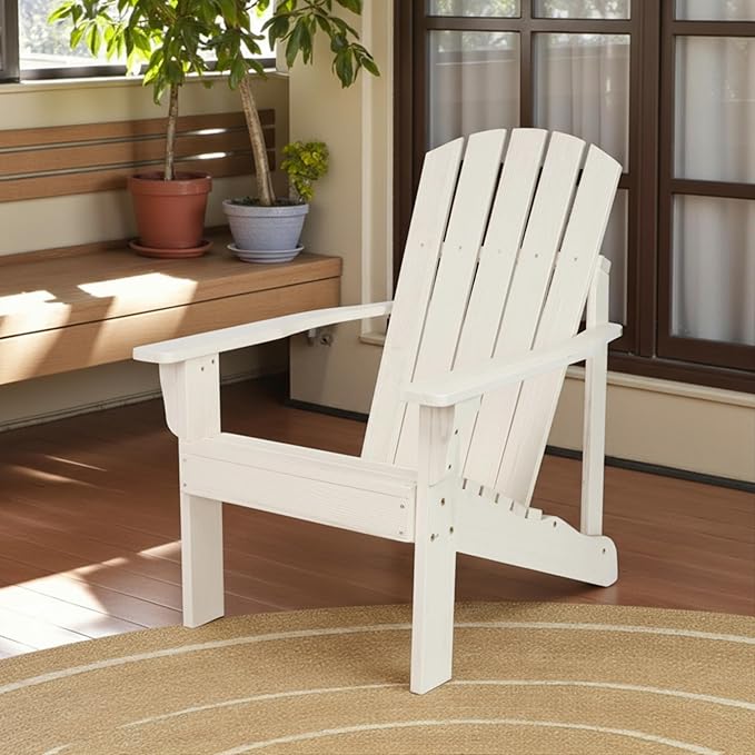 Shine Company Mid-Century Modern Wooden Adirondack Chair, Outdoor Patio Firepit Chairs, Back & Seat Pre-Assembled, Eggshell White