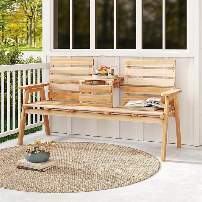 Tangkula Outdoor Fir Wood Bench with Foldable Middle Table, 2-3 Person Garden Bench with Backrest and Armrests - Photo 5