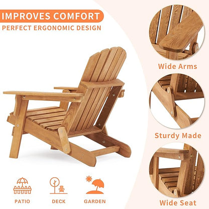 SoliWood Oversize Wooden Outdoor Folding Adirondack Chair Set of 2 with Pre-Assembled BackRest & SeatBoard, Wood Patio Chair for Garden Backyard Porch Pool Deck Firepit