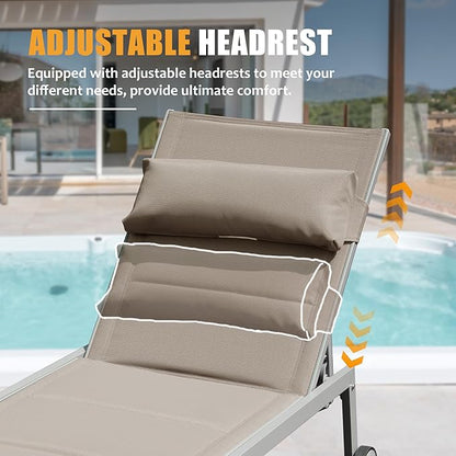 Domi Patio Chaise Lounge Set of 3, Aluminum Pool Lounge Chairs with Side Table and Wheels, Textilene Padded Adjustable Recliner All Weather for Patio Deck Poolside Beach Yard, Lawn, Khaki