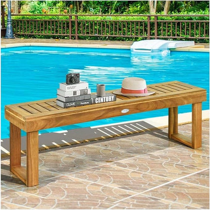 Acacia Wood Dining Bench 52 Inch, Teak Outdoor Bench with Slatted Seat, Patio Furniture, Backyard Garden Bench, 700 lbs Capacity