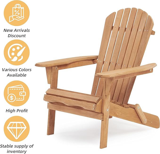 Wooden Folding Adirondack Chair Set of 2, Wood Lounge Patio Chair for Garden Outdoor - Photo 5