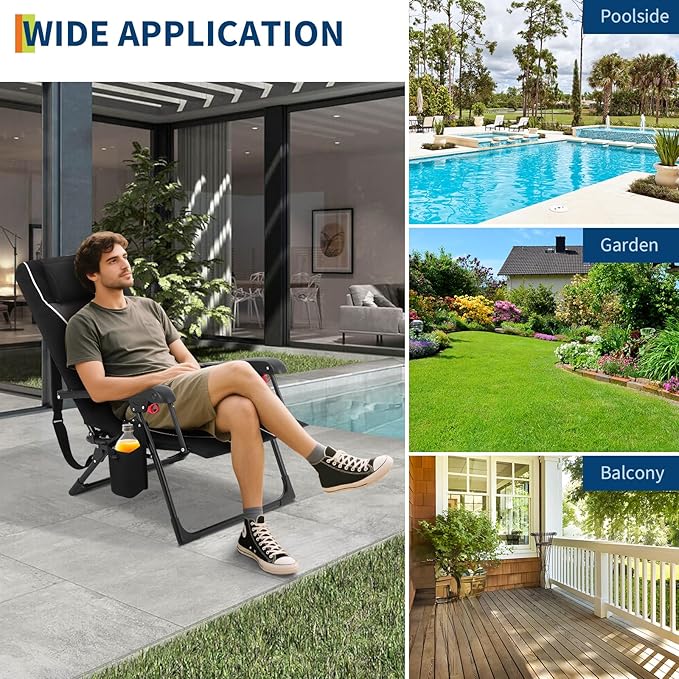 Folding Chaise Lounge Chair for Outdoor – Portable Backpack Reclining Camping Chair with Adjustable Backrest, Pillow & Breathable Fabric, Heavy-Duty 330lbs Capacity, Sun Lounger for Beach Patio Garden