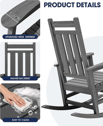 KINGYES Oversized Outdoor Rocking Chair Set of 8, All-Weather Patio Rocking Chairs for Porch, HDPE Outdoor Patio Rockers with High Back & Wide Seat for Garden, Lawn, Gray