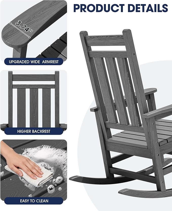 KINGYES Oversized Outdoor Rocking Chair, All-Weather Patio Rocking Chairs for Porch, HDPE Outdoor Patio Rockers with High Back & Wide Seat for Garden, Lawn, Gray