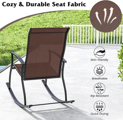 Giantex Outdoor Rocking Chair Set of 2 - Patio Rocking Chairs w/Breathable Backrest, Sturdy Metal Frame & Safe Ergonomic Design, Cozy Fabric Rocker for Backyard, Poolside, 330 lbs, Brown