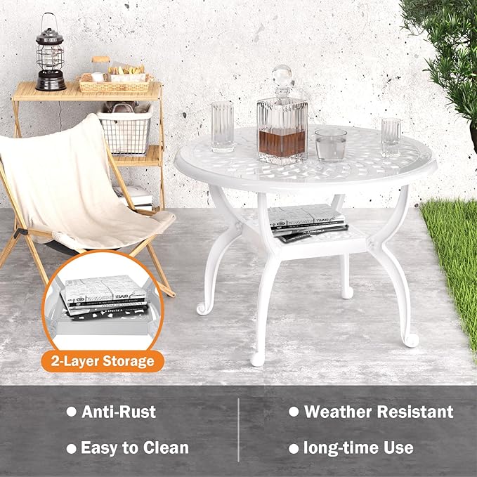 Round Outdoor Coffee Table Set of 2, Cast Aluminum Side Table with Storage,Indoor End Table, All-Weather Bistro Table for Patio Garden Lawn, White