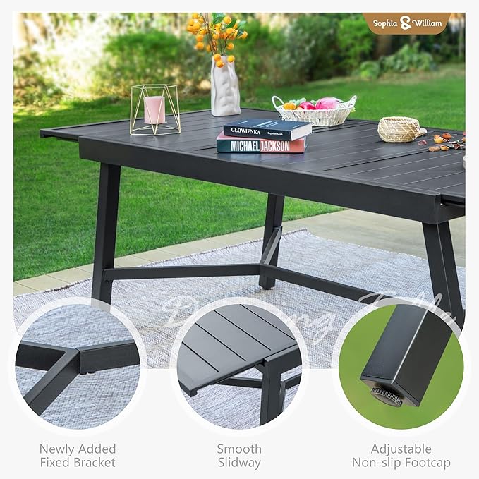 Sophia & William Patio Table Metal Outdoor Dining Table with E-Coating for 6-8 Person Lawn Garden Deck Rectangular Extendable Table