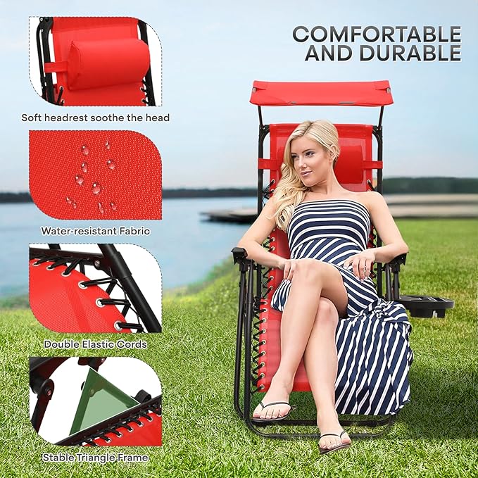 Athena Collection Folding Zero Gravity Chair with Canopy, Adjustable Lounge Chair Recliner, Outdoor Lawn Chair Camping Chairs Beach Chaise Chairs with Headrest & Cup Holder for Patio Pool, Red
