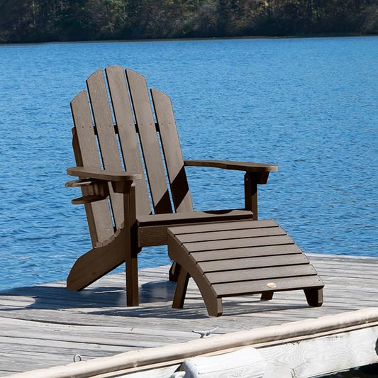 Highwood AD-KITCLAS4-ACE Classic Wesport Adirondack Chair with Ottoman and Cup Holder, Weathered Acorn
