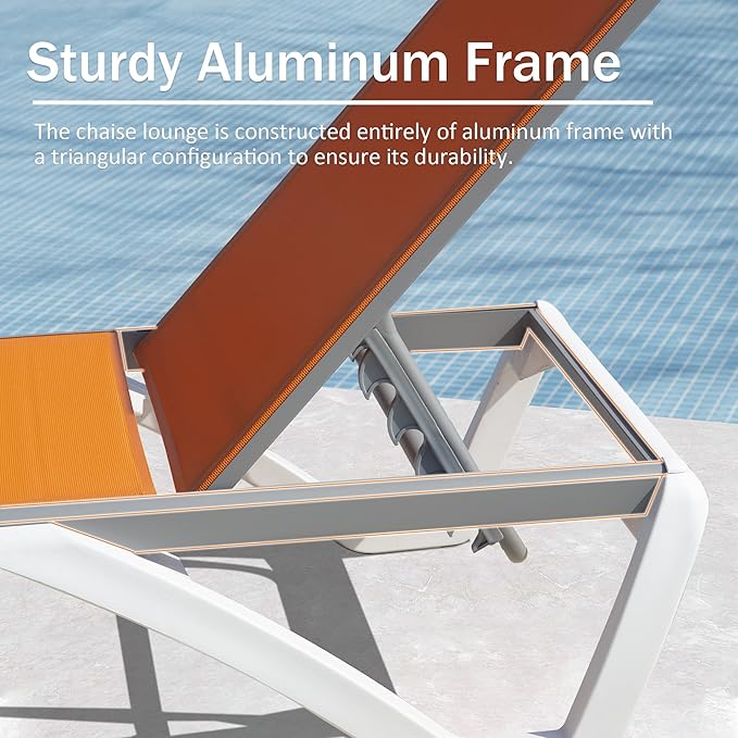 Domi Outdoor Chaise Lounge Chair, Aluminum Patio Lounge Chair with 5 Position Adjustable Backrest and Side Table, for Poolside, Beach, Yard(1 Orange Chair W/Table)