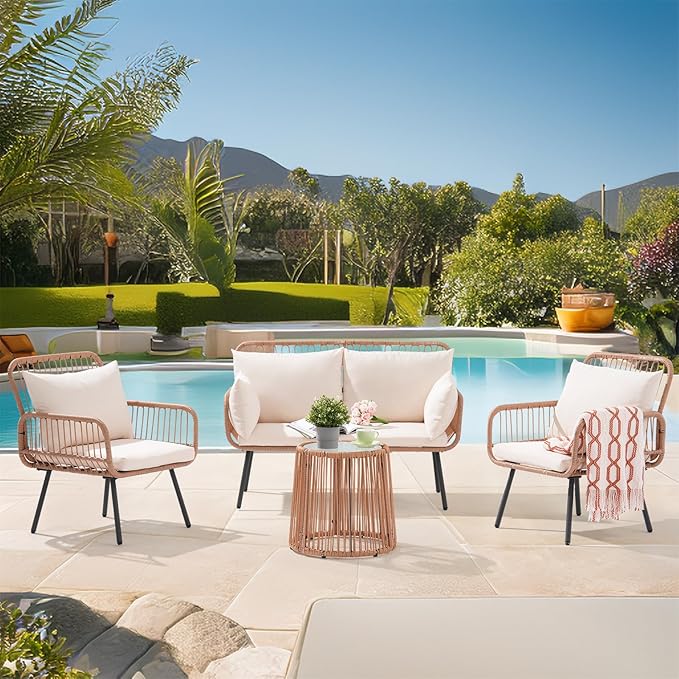 Verano Garden 4 Pieces Patio Balcony Furniture Set, Outdoor Wicker Patio Conversation Set, Patio Sectional Table and Chairs Set of 4 with Cushion, Pillow & Table (Cream White, 4PCS Conversation Set)