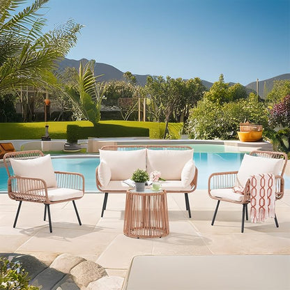 Verano Garden 4 Pieces Patio Balcony Furniture Set, Outdoor Wicker Patio Conversation Set, Patio Sectional Table and Chairs Set of 4 with Cushion, Pillow & Table (Cream White, 4PCS Conversation Set)