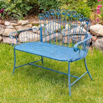 Zaer Ltd. Vintage Style Metal Patio Furniture with Heart Design Accents, Outdoor/Indoor Decor (Vintage Blue, Garden Bench)