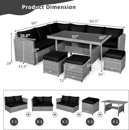 COSTWAY 7 PCS Wicker Outdoor Conversation Set, Patio Sectional Furniture Sofa Set with Table & Seat Cushions, Rattan Furniture Sets for Backyard Garden Poolside Porch, Black