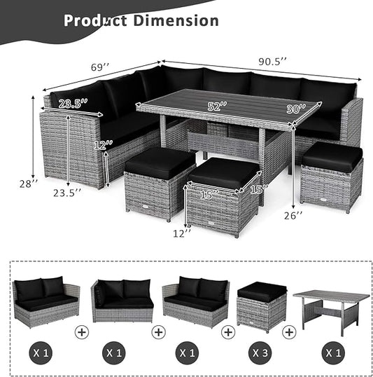 COSTWAY 7 PCS Wicker Outdoor Conversation Set, Patio Sectional Furniture Sofa Set with Table & Seat Cushions, Rattan Furniture Sets for Backyard Garden Poolside Porch, Black