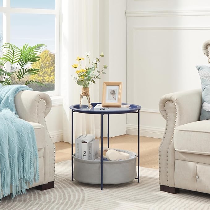 VECELO Round Side/End Table with Fabric Storage Basket，Metal Anti-Rust and Waterproof Small Bedside Nightstand with - Photo 4