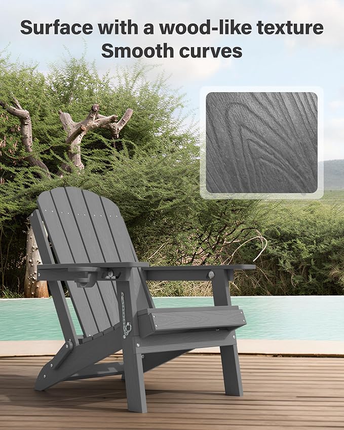 YEFU Folding Adirondack Chair for Outdoor: Plastic Foldable Fire Pit Chair with Cup Holders & Adjustable Backrest - Sturdy All-Weather HDPE for Outside Patio Poolside - Easy Assembly(Grey)
