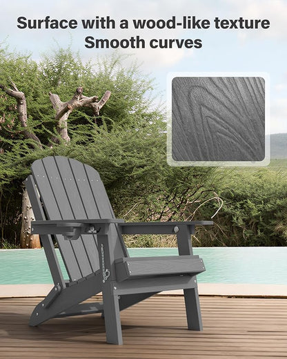 YEFU Adirondack Chairs Set of 4 for Patio: Folding Plastic Fire Pit Chair with Cup Holders & Adjustable Backrest - Sturdy All-Weather HDPE for Outdoor Backyard Deck- Easy Assembly(Grey)