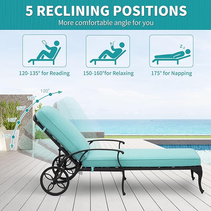 HOMEFUN Chaise Lounge Chair Outdoor - Poolside Chairs Set of 2 with Cushion Cast Aluminum Waterproof Lounger with Wheels and Adjustable Reclining, Pack of 2 (Cyan Cushion)