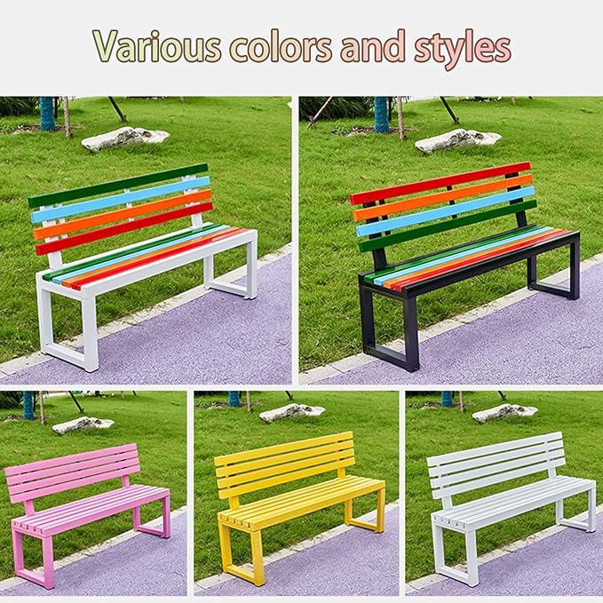Outdoor Garden Bench, Metal Bench with Backrest, Park Patio Bench, Wooden Stool Surface, for Porch, Yard, Park, Lawn(White B,150cm/59in)