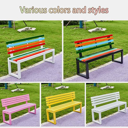 Outdoor Garden Bench, Metal Bench with Backrest, Park Patio Bench, Wooden Stool Surface, for Porch, Yard, Park, Lawn(White B,150cm/59in)
