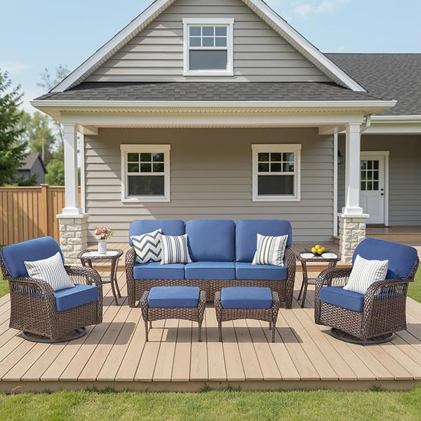 7 Pieces Outdoor Furniture Set Swivel Chairs, All Weather Wicker 3 Seater Sofa with Ottomans Rattan Side Table - Photo 1