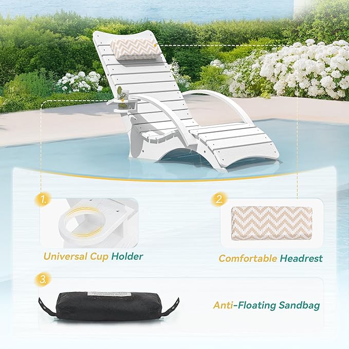Pool Lounge Chairs, Shallow Water 8-10 Inches Deep, HDPS Fade Resistant Pool Tanning Chair with Armrest, Cup Holder, Headrest, 330lbs Capacity, Outdoor Beach Patio Deck Sun Lounger, White