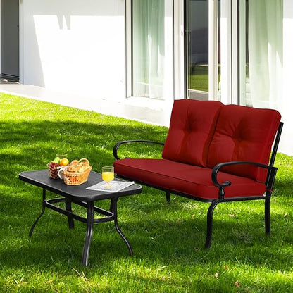 RELAX4LIFE Patio Loveseat with Coffee Table - 2-Piece Patio Conversation Sofa Set w/Backrest & Cushions, Modern Outdoor Glider Bench for Garden, Backyard, Poolside, Metal Porch Furniture (Red)